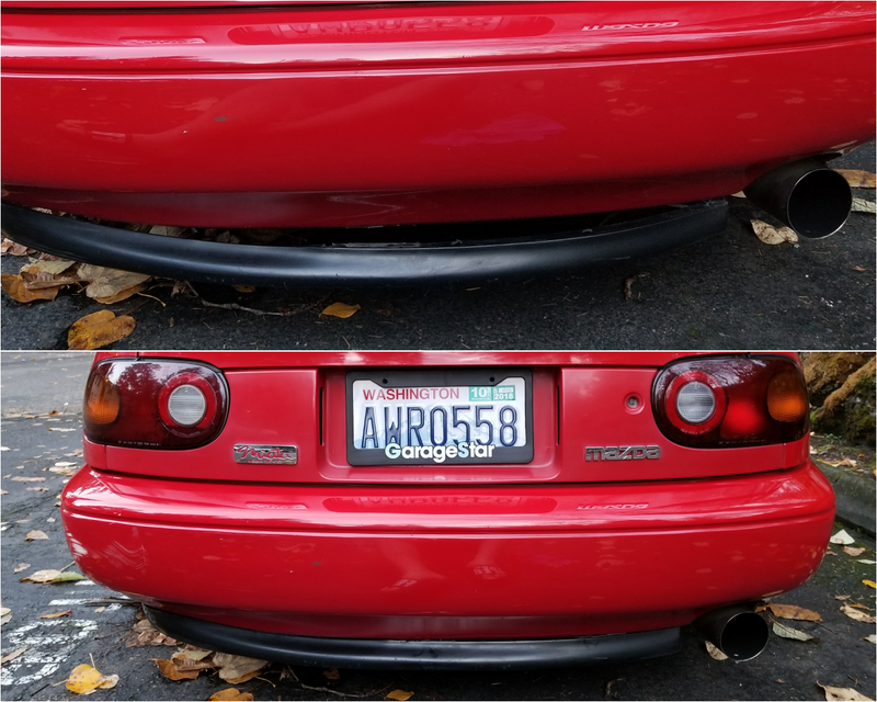 Boom. Muuuuch better. It’s amazing how big of a difference these little lip spoilers make. But... They do get pretty beat. Peep the exhaust. 2.25 inch from the headers back. Perfect for an na car, although I’ll want something bigger if I go turbo.